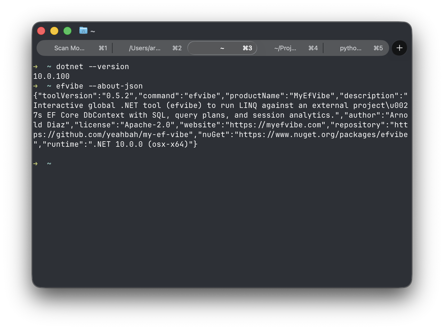 Terminal showing dotnet --version and efvibe --about-json succeeding