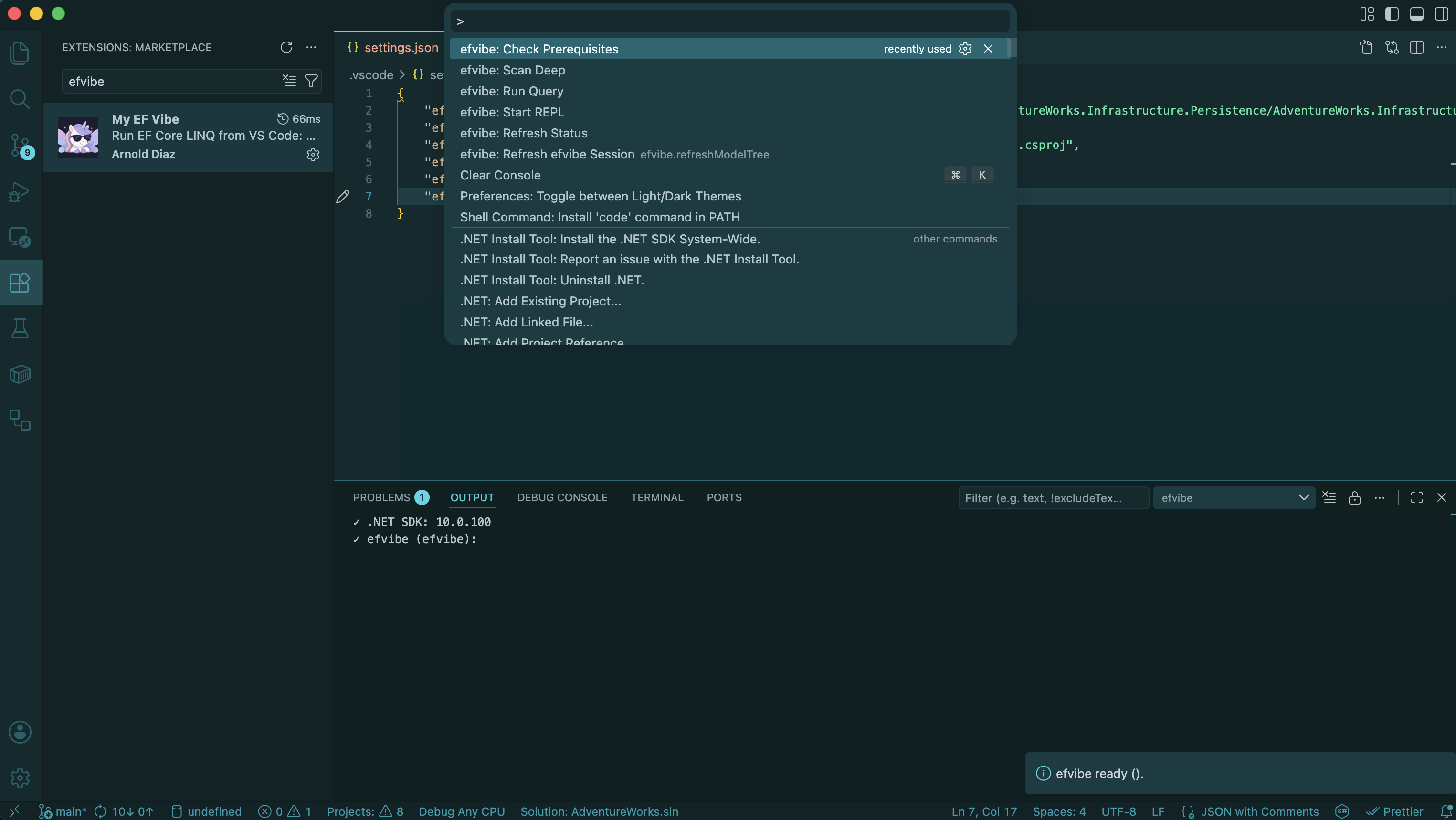 efvibe output channel showing successful prerequisite check and status bar with DbContext