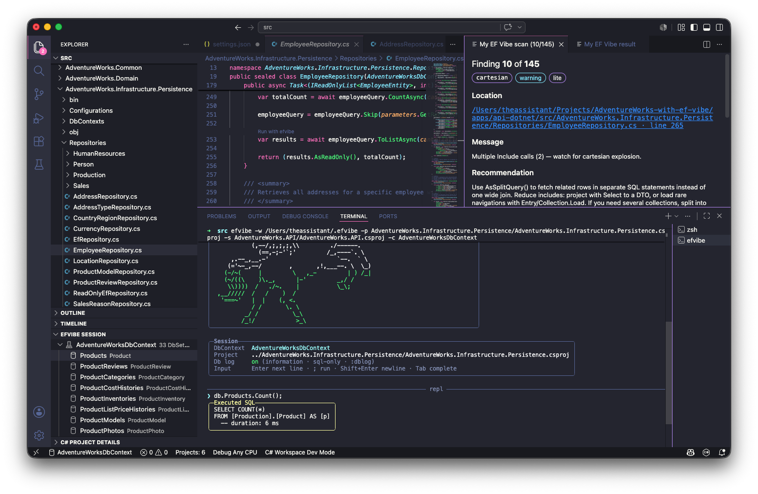 Integrated terminal named “efvibe” with REPL banner and a sample <code>db.Products.Count();</code>