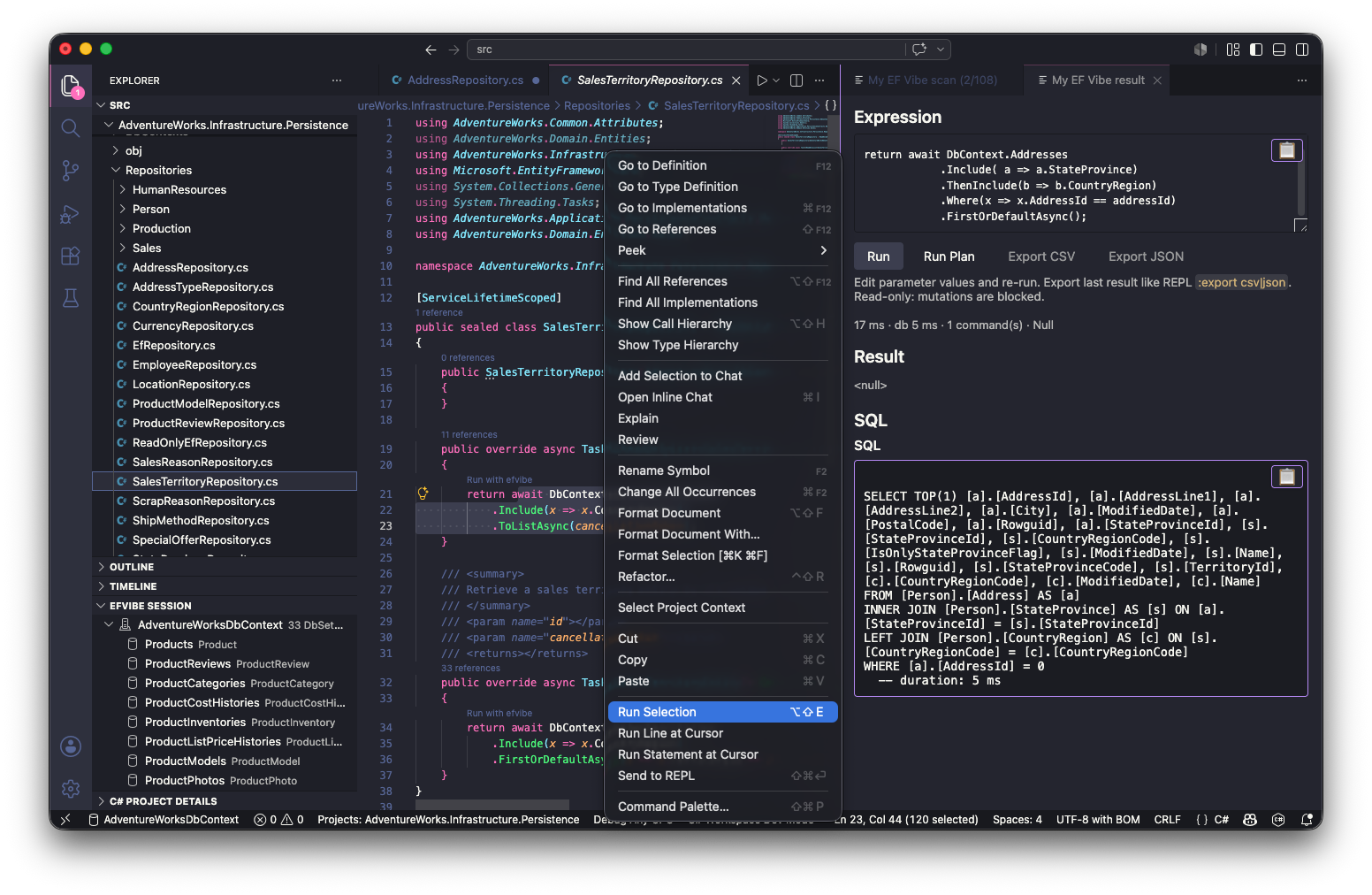 Run Selection — result rows and SQL beside your editor