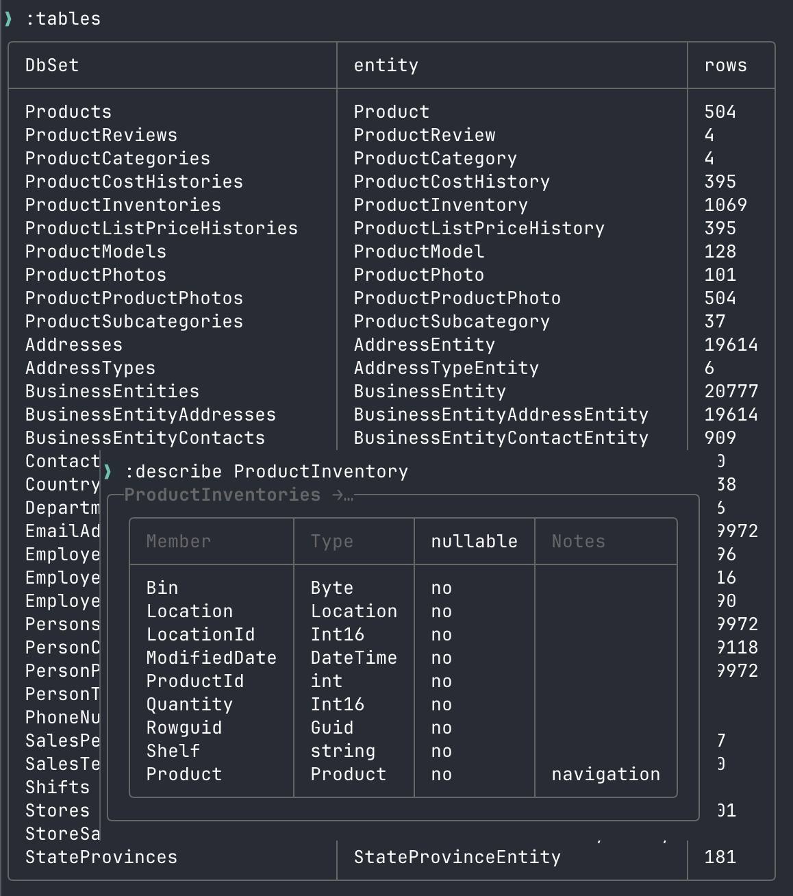 :tables command listing DbSets