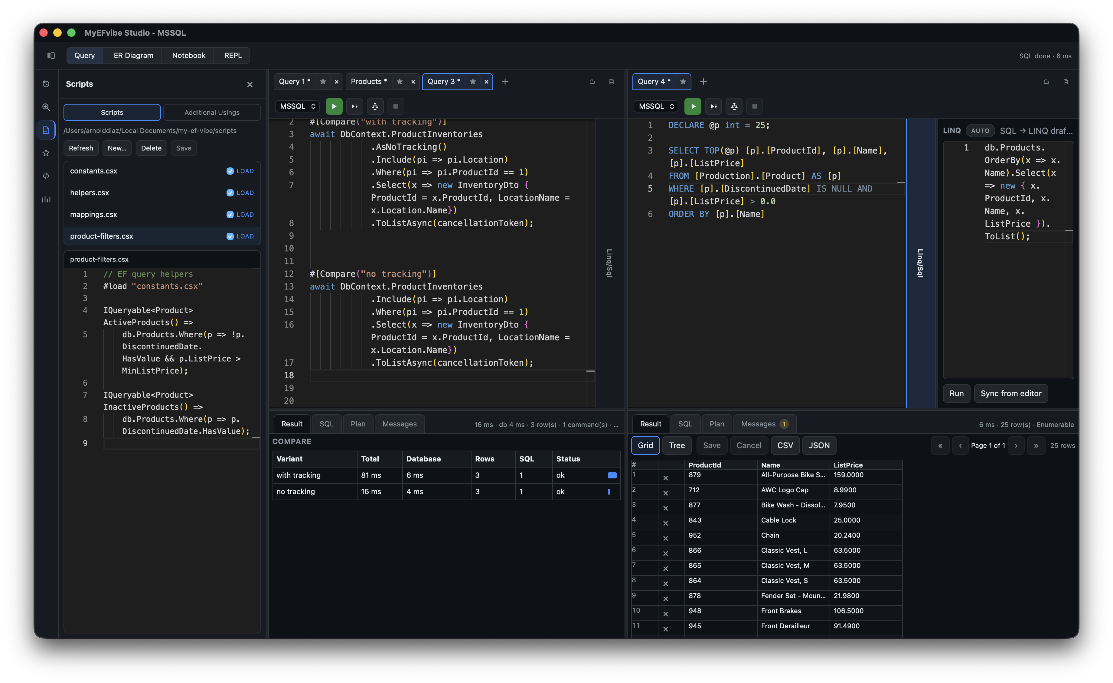 MyEFvibe Studio — query editor, explorer, and results